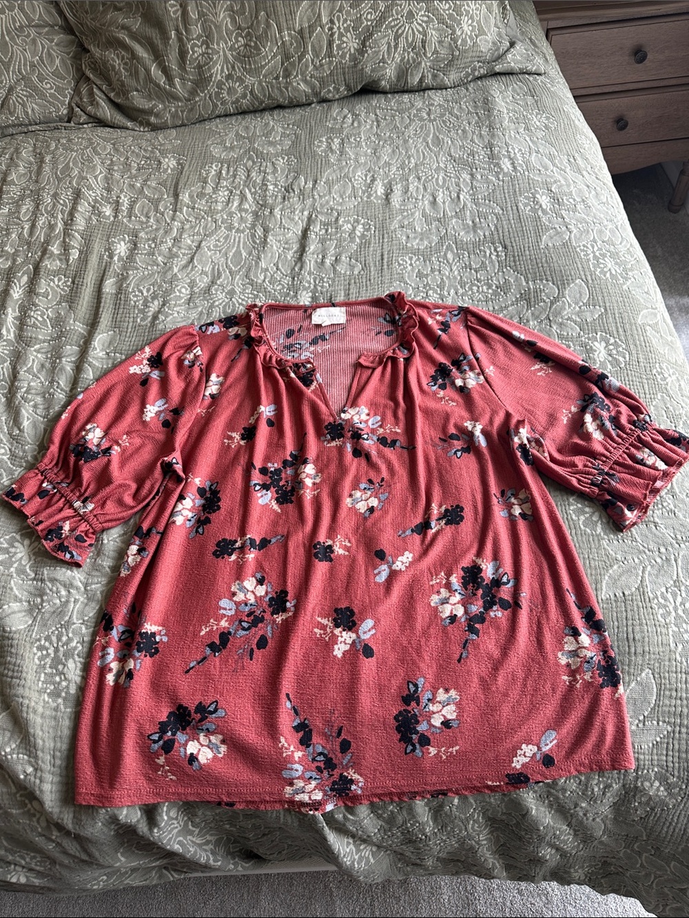 MELLODAY Rust Pink Floral Peasant Blouse with Ruffle Sleeves